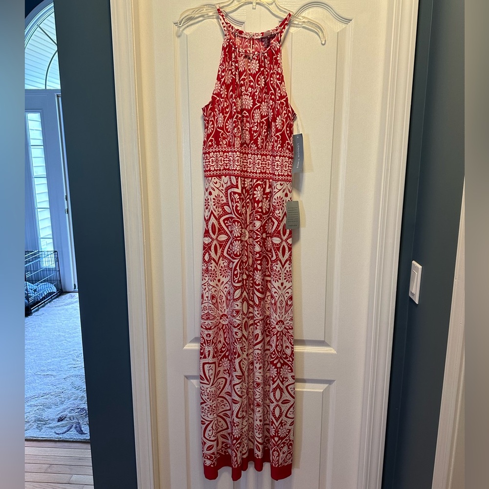 Red print maxi dress